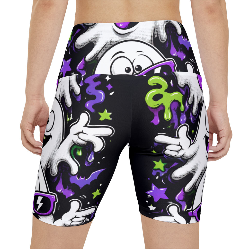 Ghost Party Women's Workout Shorts — Neon Halloween AOP Activewear