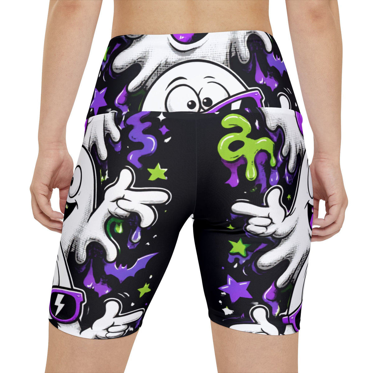 Ghost Party Women's Workout Shorts — Neon Halloween AOP Activewear