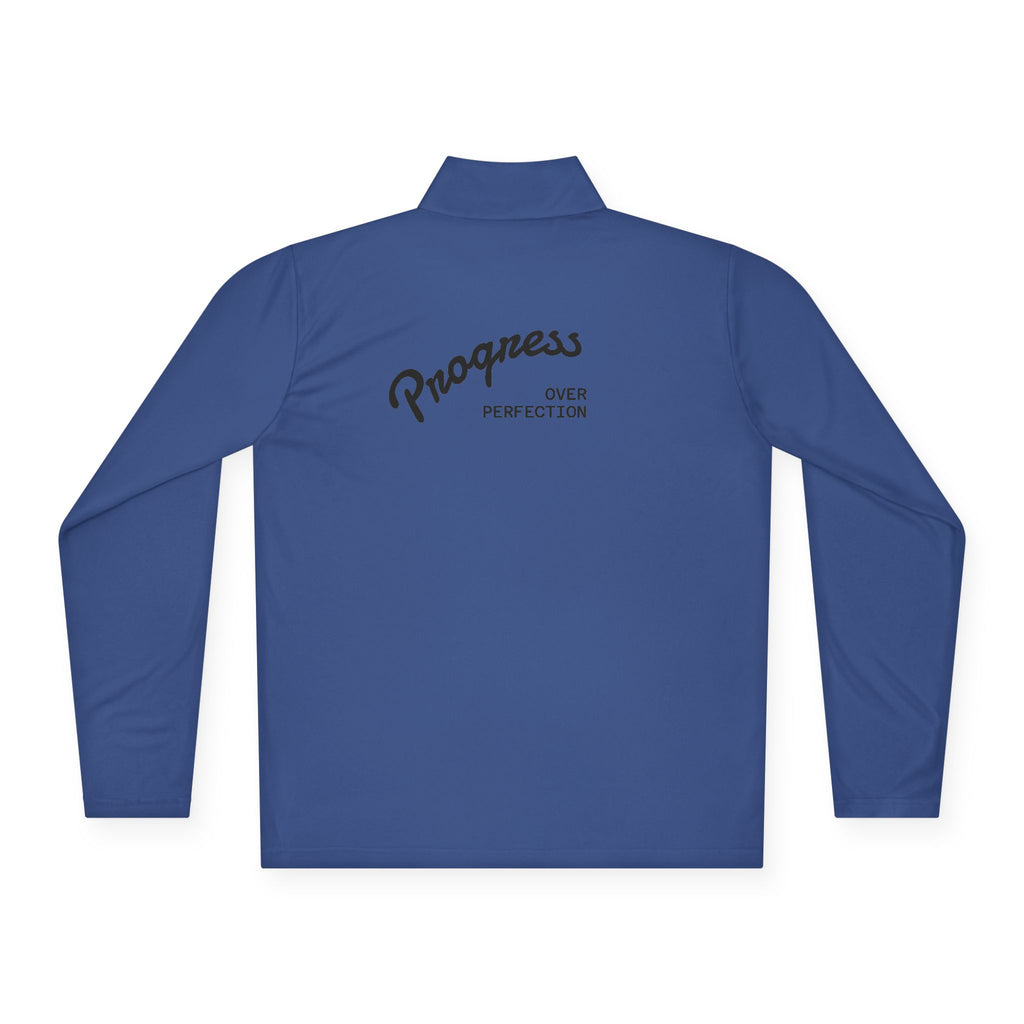 Quarter-Zip Pullover — 'Progress Over Perfection' Embroidered White Pullover