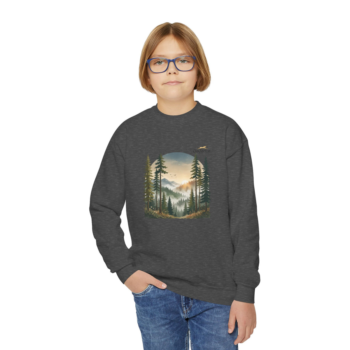 Youth Sweatshirt - Vintage Mountain Forest Sunset Crewneck