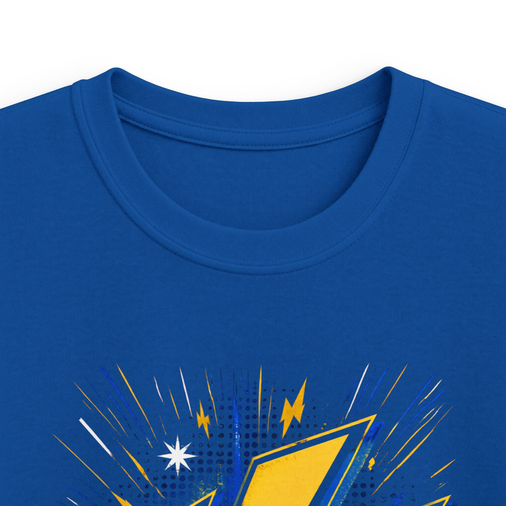 Kids Lightning Bolt Graphic Tee — Yellow Blue Thunderstorm Design