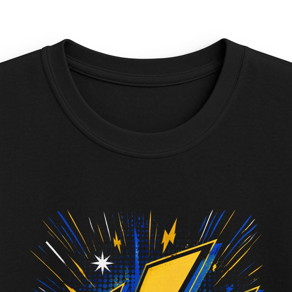 Kids Lightning Bolt Graphic Tee — Yellow Blue Thunderstorm Design