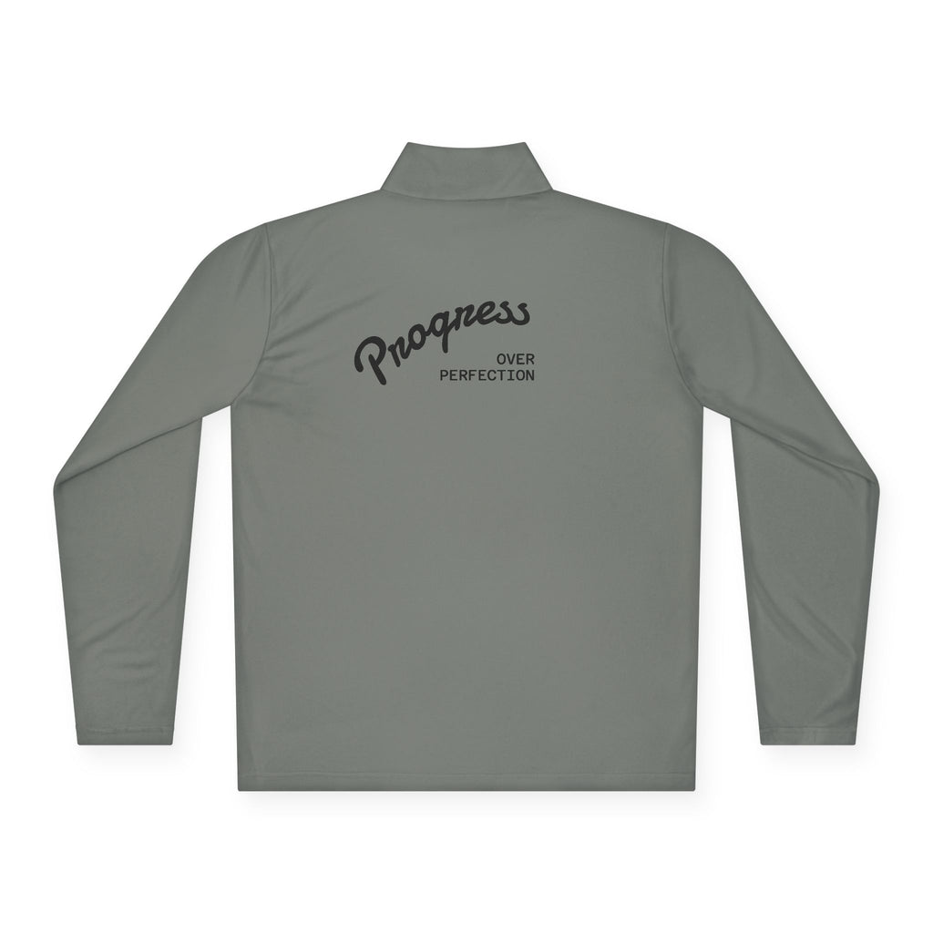 Quarter-Zip Pullover — 'Progress Over Perfection' Embroidered White Pullover