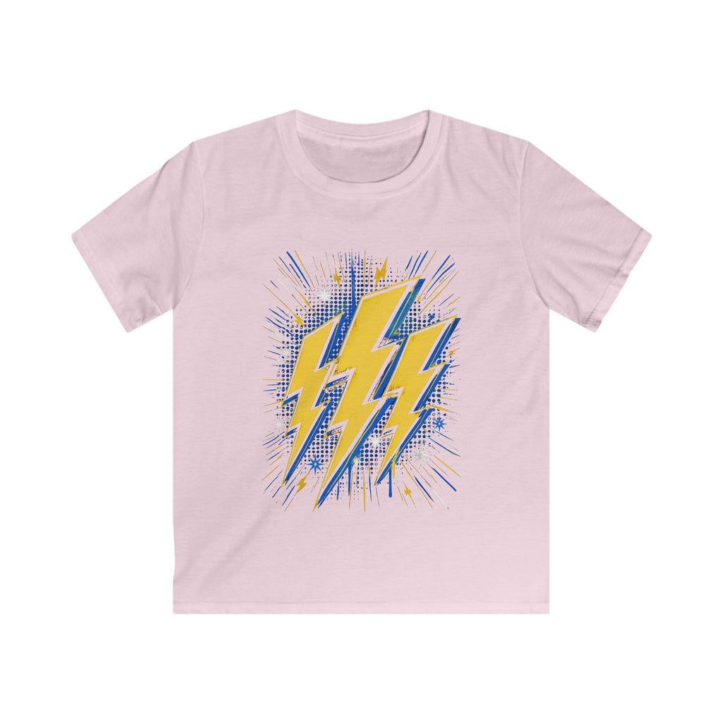 Kids Lightning Bolt Graphic Tee — Yellow Blue Thunderstorm Design