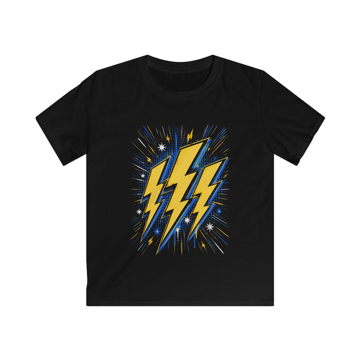 Kids Lightning Bolt Graphic Tee — Yellow Blue Thunderstorm Design