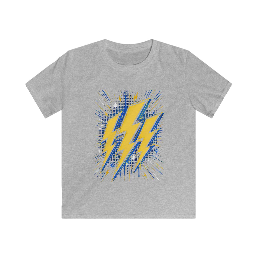 Kids Lightning Bolt Graphic Tee — Yellow Blue Thunderstorm Design