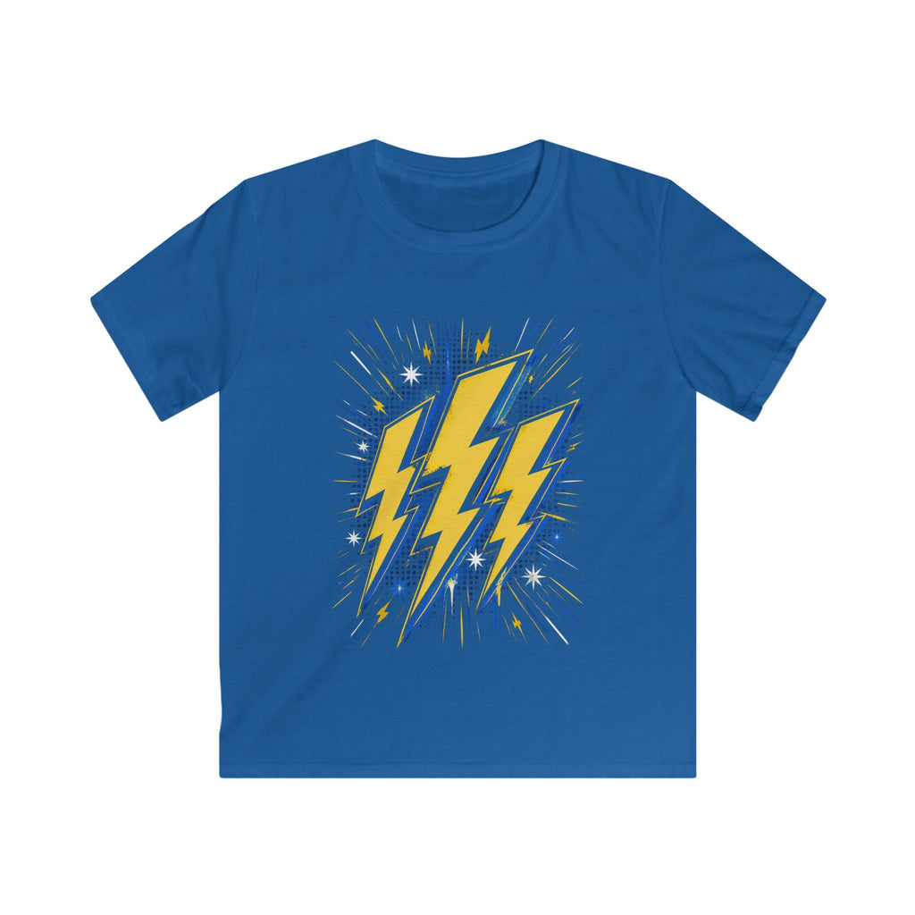 Kids Lightning Bolt Graphic Tee — Yellow Blue Thunderstorm Design
