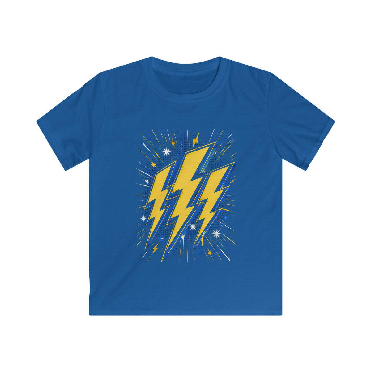 Kids Lightning Bolt Graphic Tee — Yellow Blue Thunderstorm Design