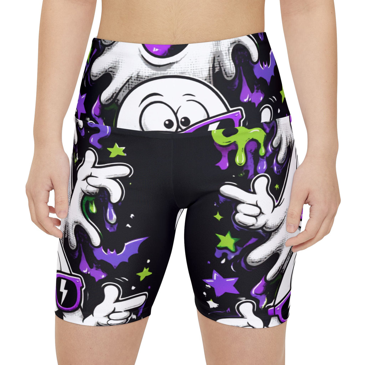 Ghost Party Women's Workout Shorts — Neon Halloween AOP Activewear