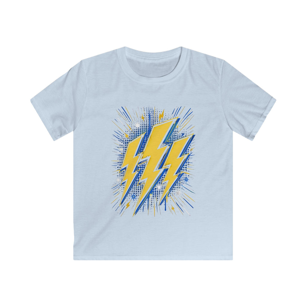 Kids Lightning Bolt Graphic Tee — Yellow Blue Thunderstorm Design