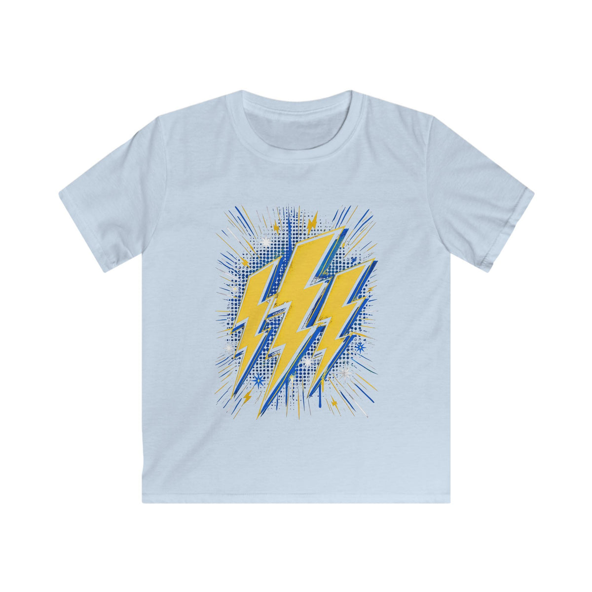 Kids Lightning Bolt Graphic Tee — Yellow Blue Thunderstorm Design