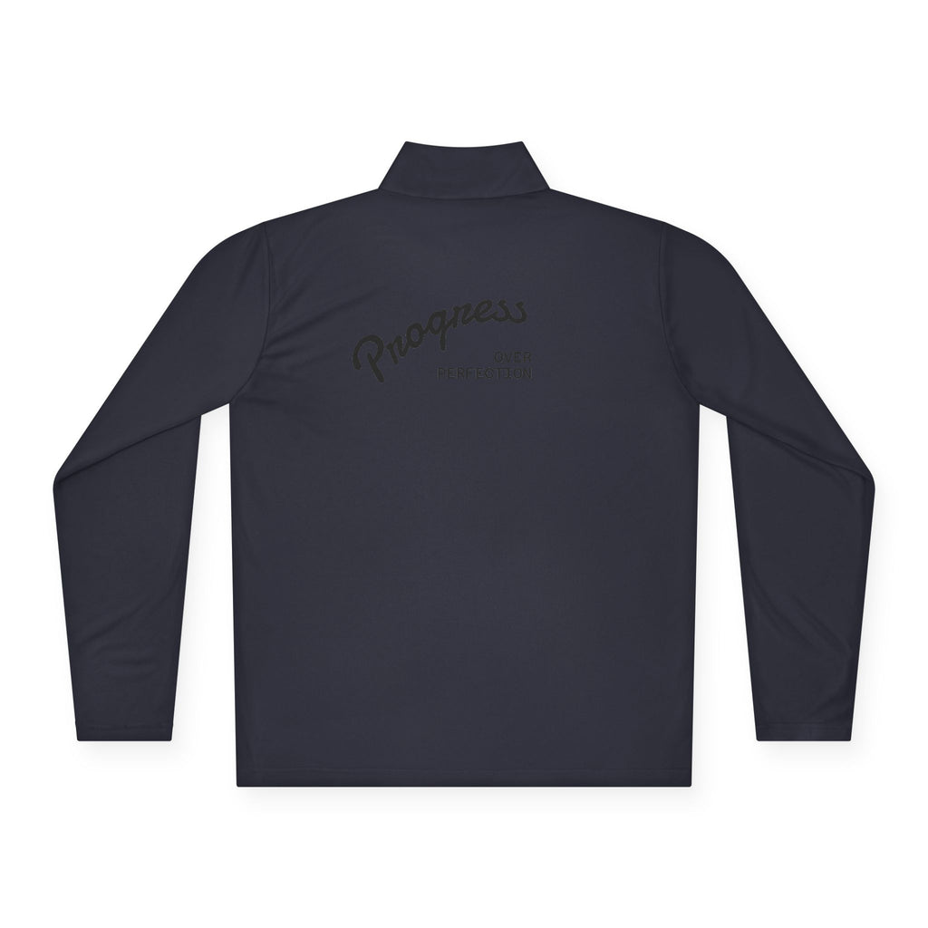 Quarter-Zip Pullover — 'Progress Over Perfection' Embroidered White Pullover