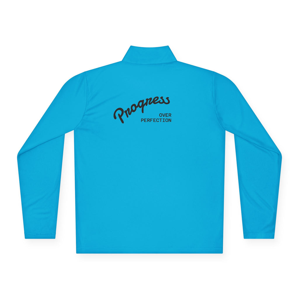 Quarter-Zip Pullover — 'Progress Over Perfection' Embroidered White Pullover