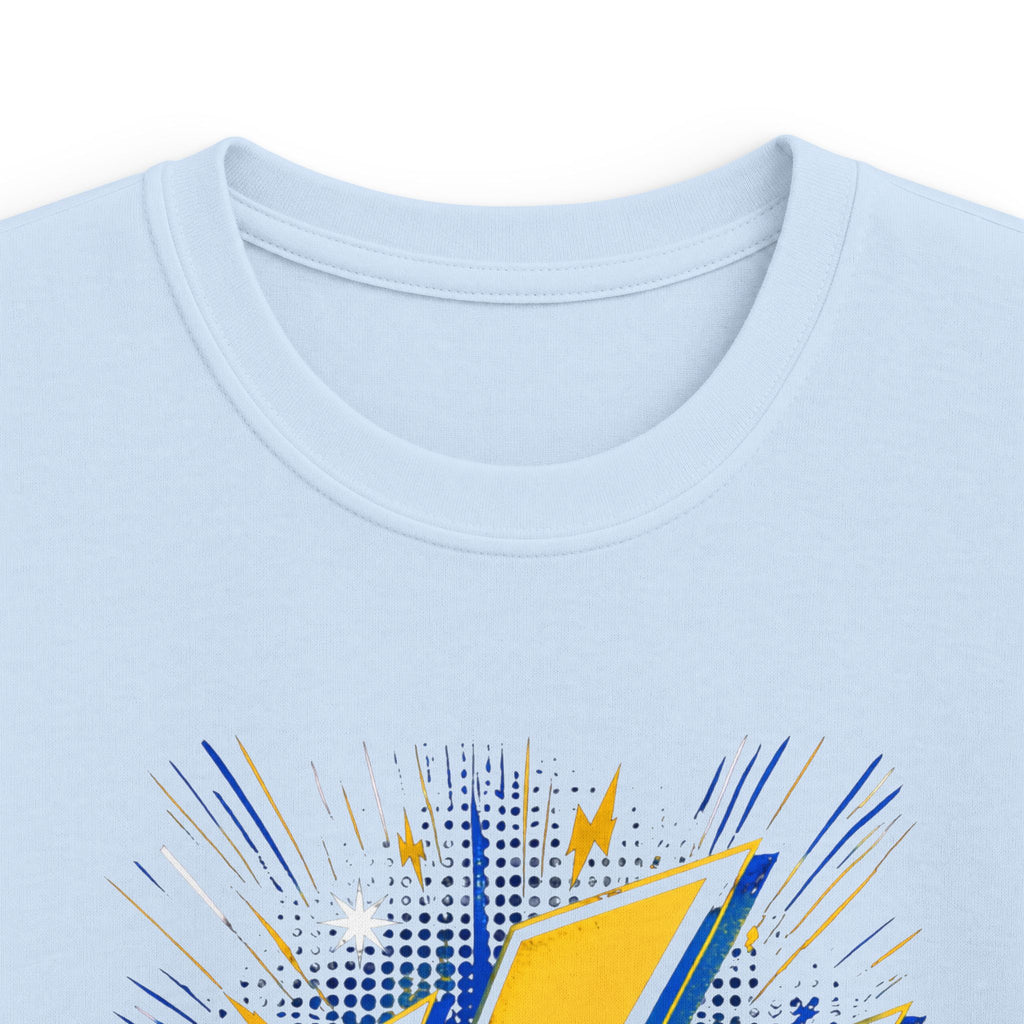 Kids Lightning Bolt Graphic Tee — Yellow Blue Thunderstorm Design