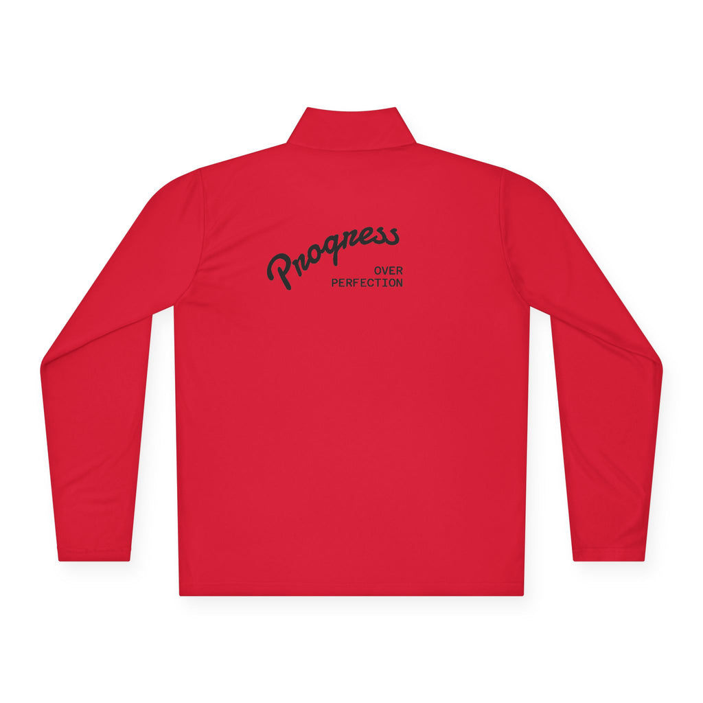 Quarter-Zip Pullover — 'Progress Over Perfection' Embroidered White Pullover