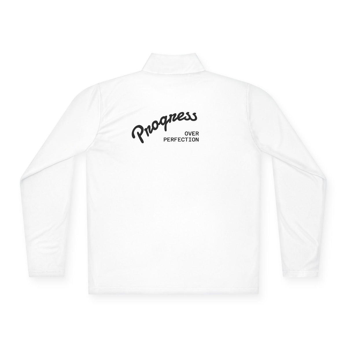Quarter-Zip Pullover — 'Progress Over Perfection' Embroidered White Pullover