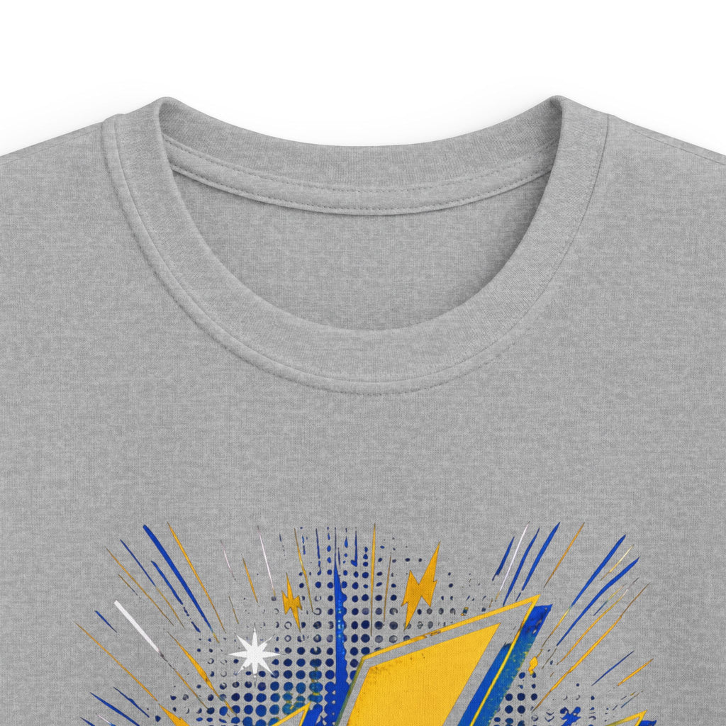 Kids Lightning Bolt Graphic Tee — Yellow Blue Thunderstorm Design