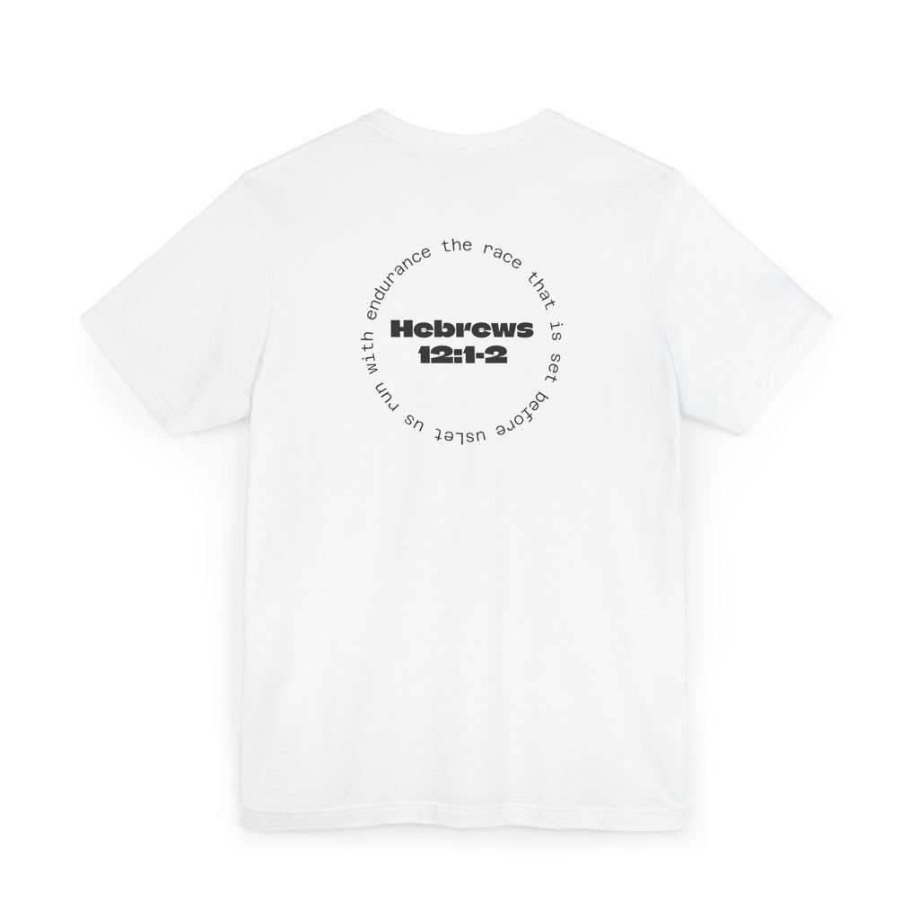 Hebrews 12:1-2 Faith Running T-Shirt — "Run the Race" Christian Graphic Tee