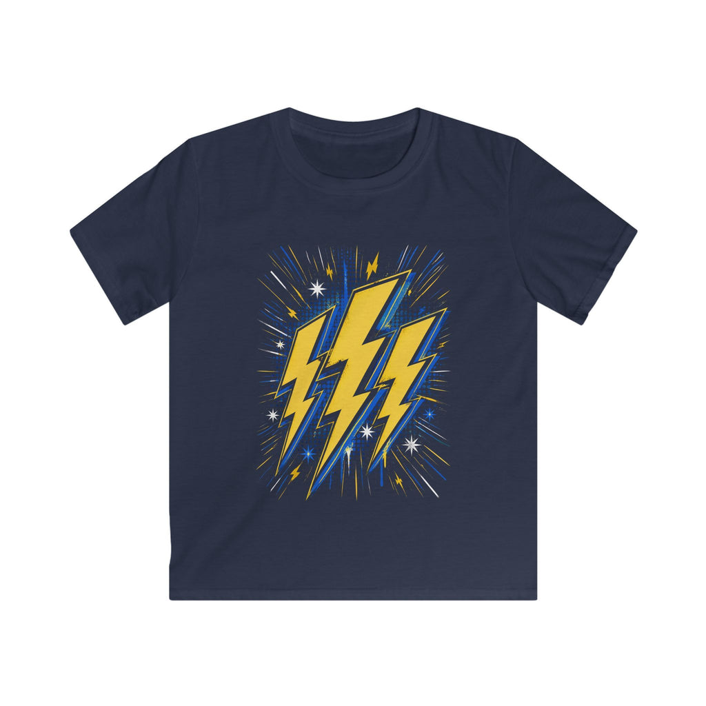 Kids Lightning Bolt Graphic Tee — Yellow Blue Thunderstorm Design