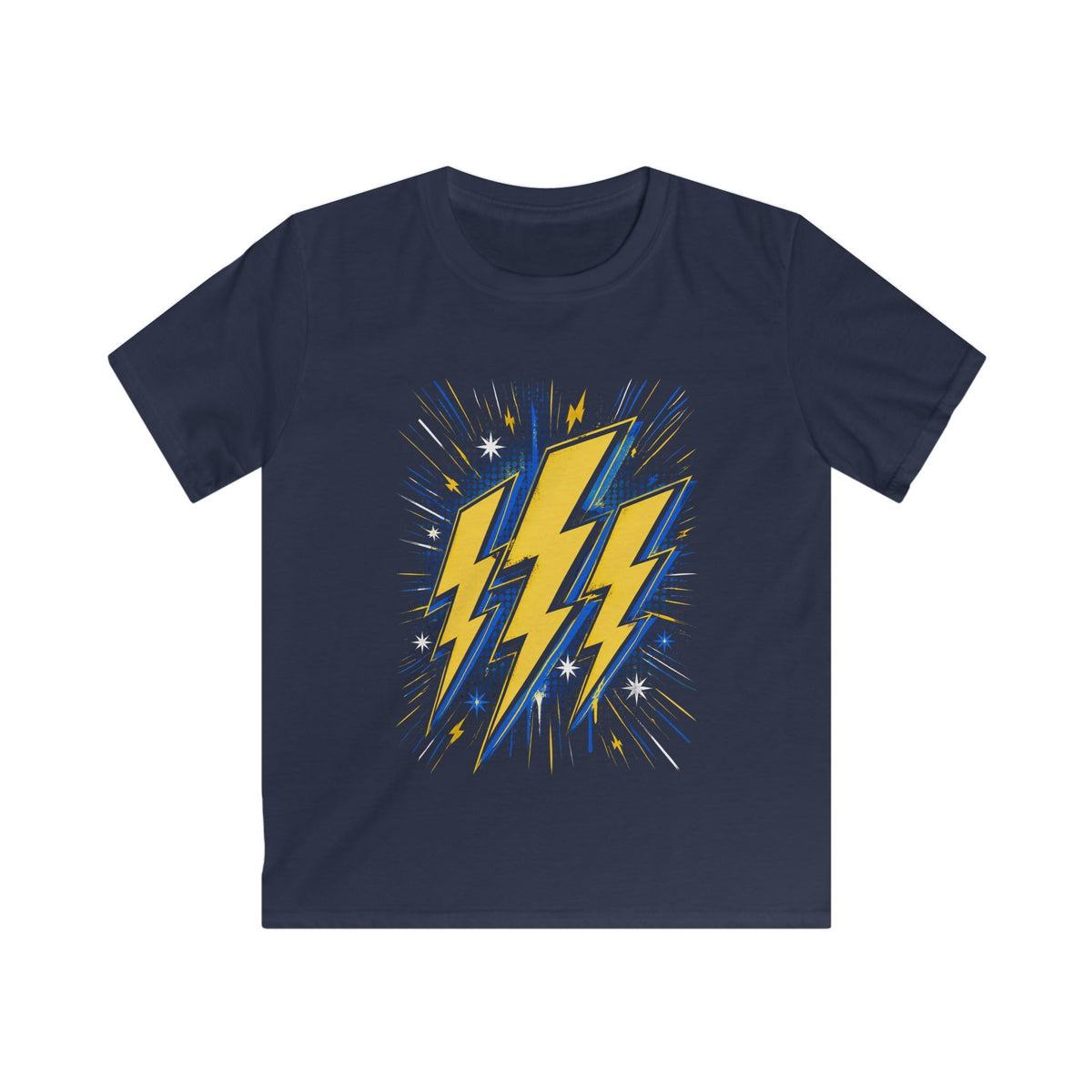 Kids Lightning Bolt Graphic Tee — Yellow Blue Thunderstorm Design