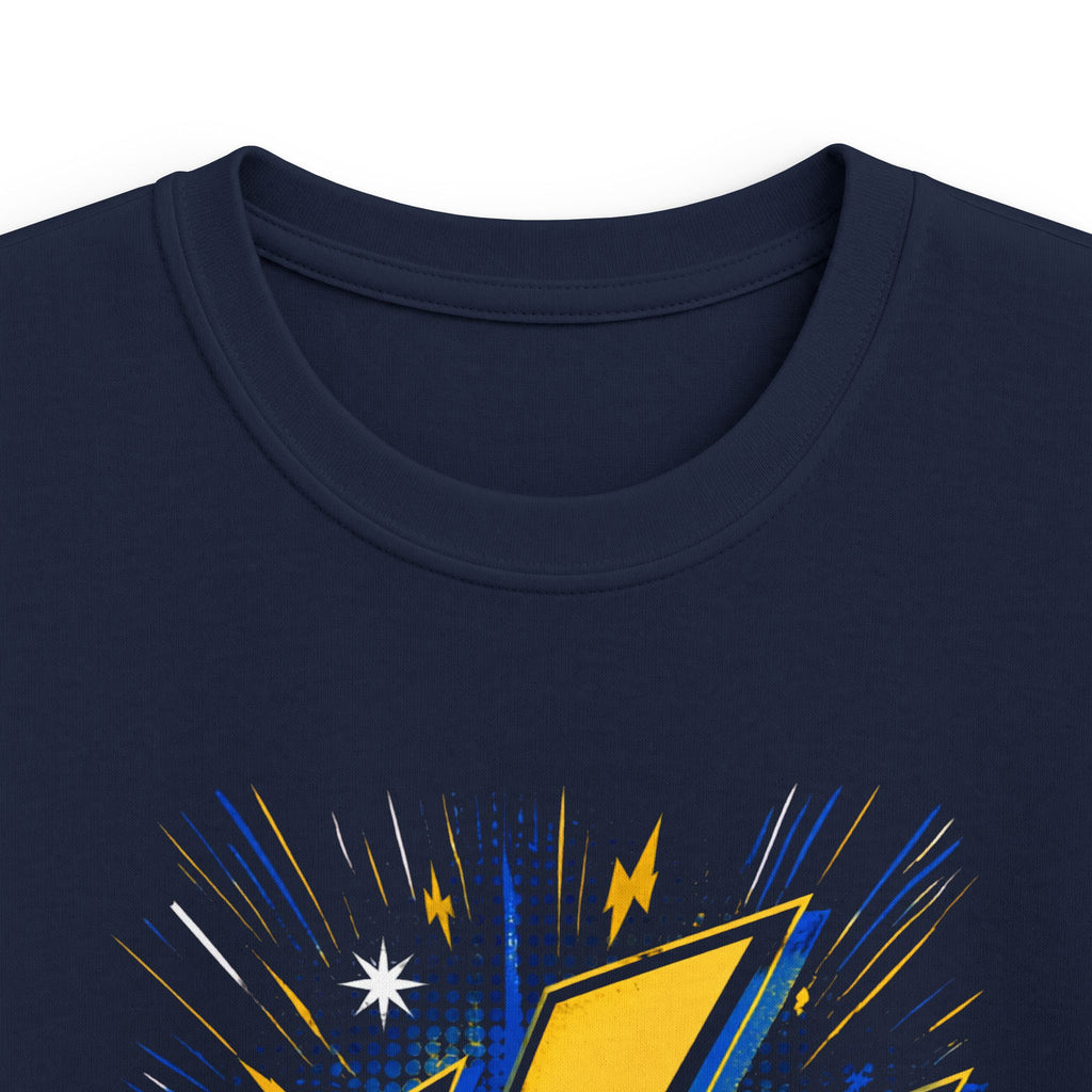 Kids Lightning Bolt Graphic Tee — Yellow Blue Thunderstorm Design